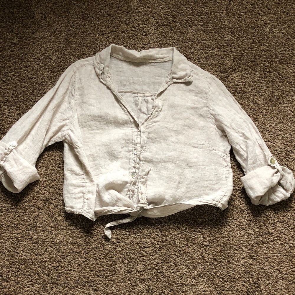 Women's Linen Cream Tie-Front Crop Top